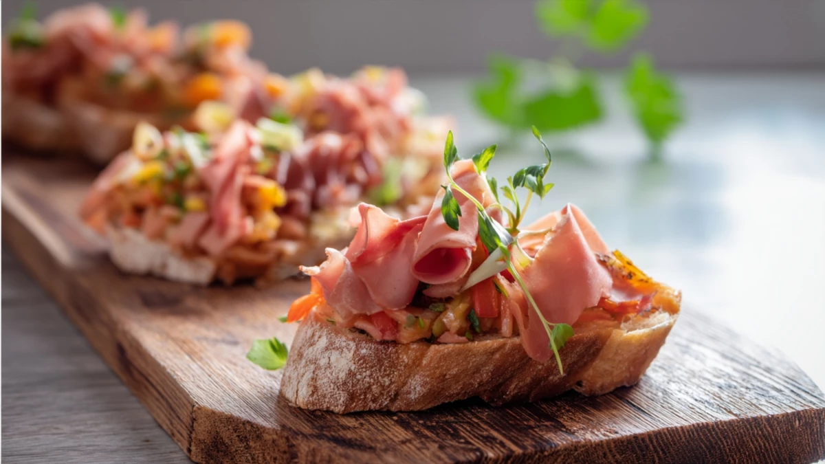 Фото блюда: Вкусная брускетта с ветчиной: как приготовить эту простую и сытную закуску