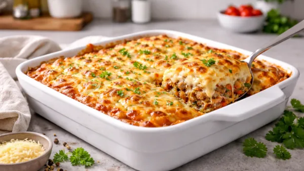 Домашняя запеканка под румяной сырной корочкой в форме для запекания, порция подана ложкой, на фоне кухня