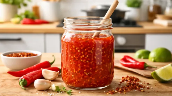 Соус чили в стеклянной банке с кусочками перца, рядом красный перец, чеснок и лайм на кухонном столе