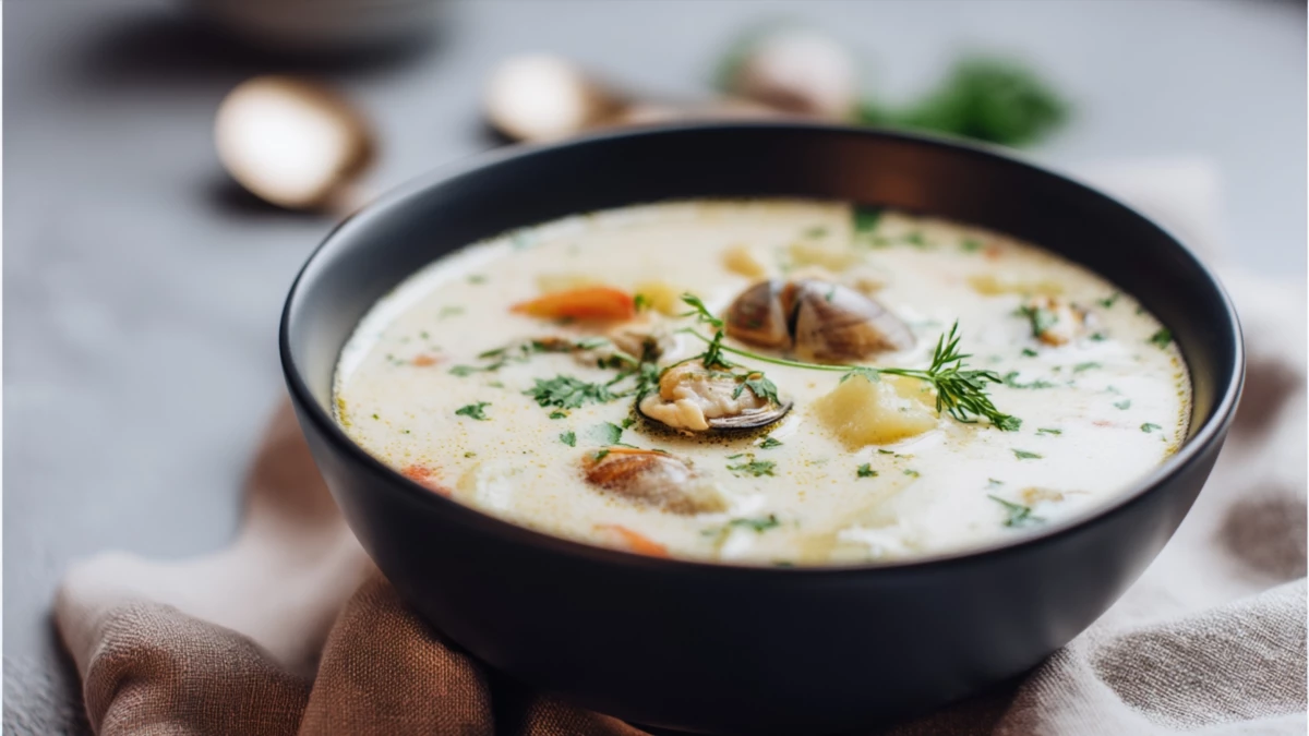 Фото блюда: Классический клэм-чаудер: как приготовить вкусный суп с моллюсками и картофелем