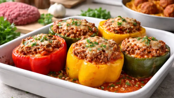 Блюдо с фаршем, фаршированные перцы с мясной начинкой и сыром в форме для запекания