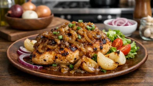 Блюдо с луком, запечённое мясо под карамелизированным луком с гарниром на тарелке