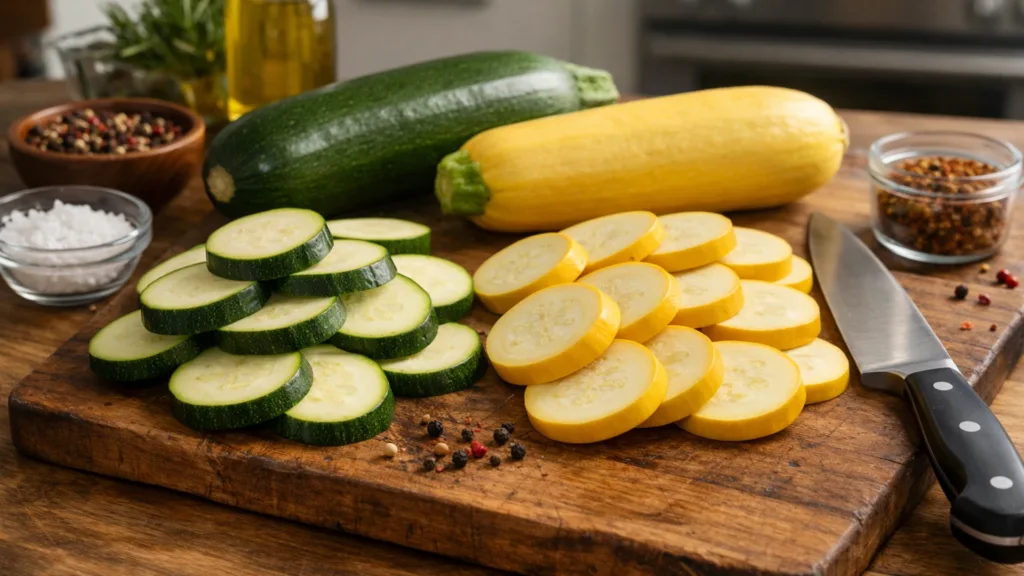 Кабачок и цукини нарезаны кружочками на деревянной доске