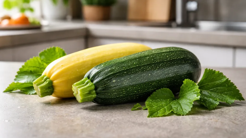 Свежие кабачок и цукини на кухонной поверхности