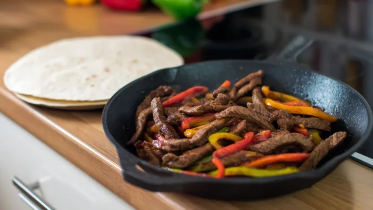 Фото блюда: Фахитас с говядиной на сковороде: дымный аромат перца и сочное мясо в тортилье