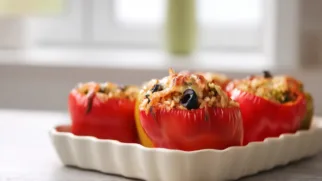 Фото рецепта: Фаршированные перцы с маслинами и рисом под сырной корочкой