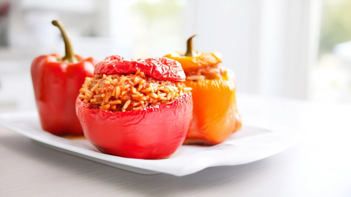 Фото блюда: Фаршированные перцы с тушёнкой в томатном соусе, сытный рецепт на каждый день