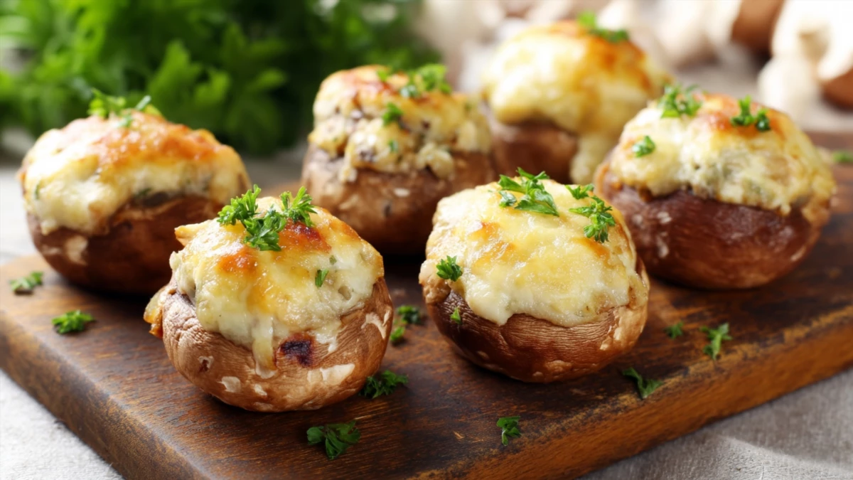Фото блюда: Фаршированные шампиньоны с сыром в духовке, сочная горячая закуска за 30 минут