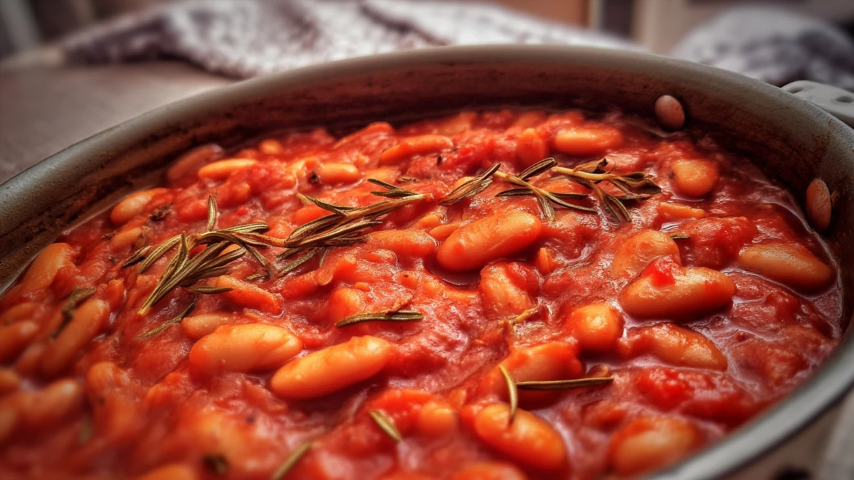 Фото блюда: Фасоль тушёная с розмарином в томатном соусе, густая и ароматная
