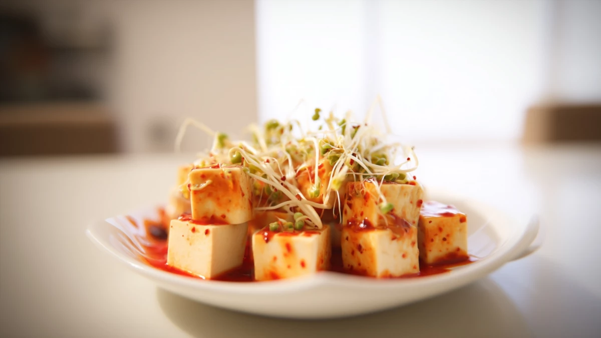 Фото блюда: Фасолевые ростки с тофу в соусе чили – острое и ароматное блюдо