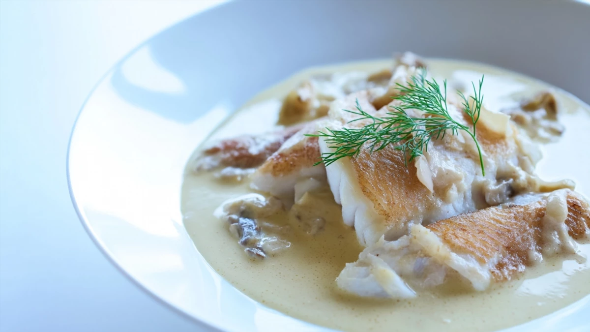 Фото блюда: Филе судака с коньячным сливочным соусом — изысканный вкус