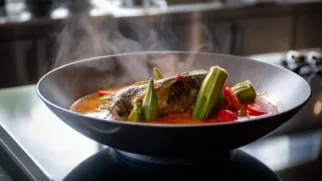 Фото рецепта: Фиш хед карри по сингапурски: пряный рыбный суп с бамией и томатами