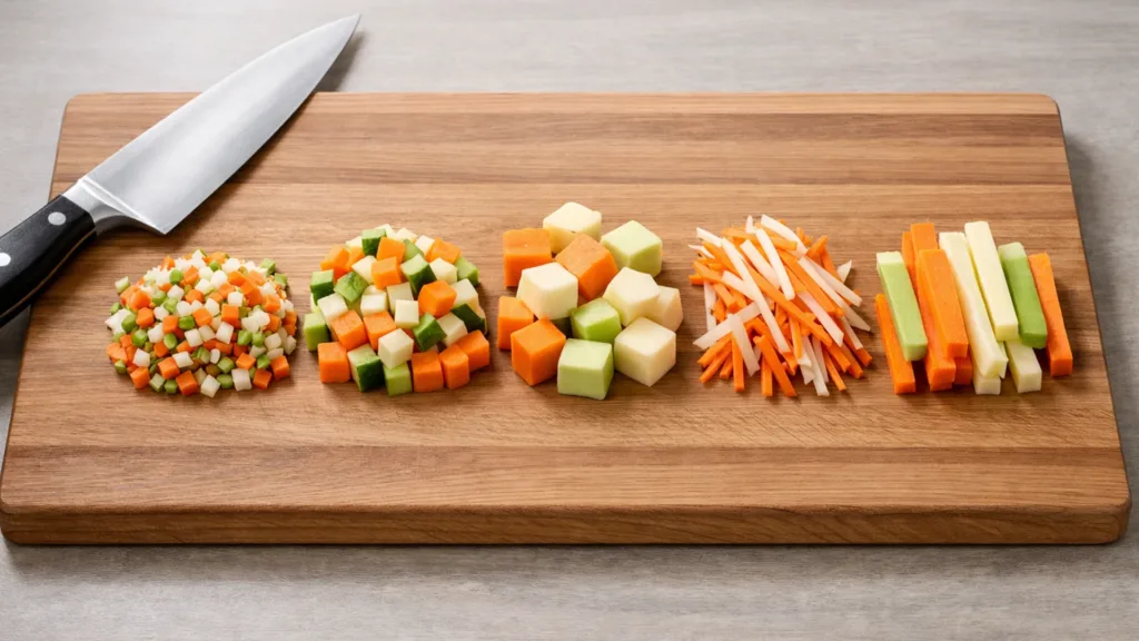 Французские виды нарезки овощей разными размерами