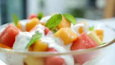 Фото блюда: Сочный фруктовый салат с йогуртом и мятой – идеальный десерт для летних дней