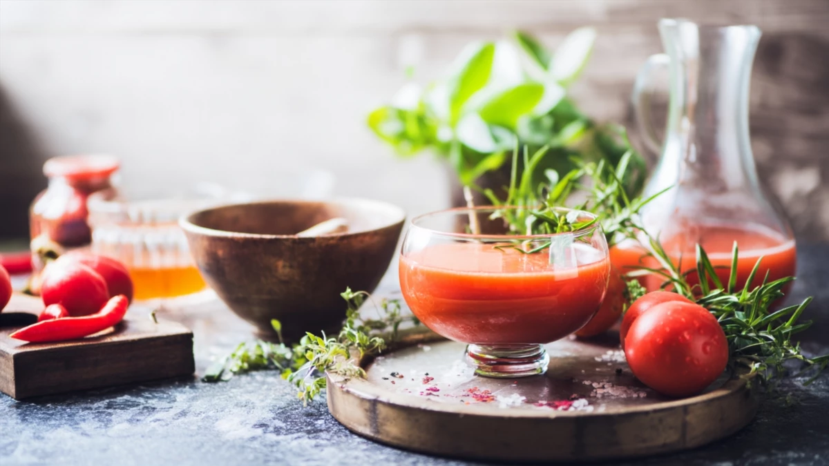 Фото блюда: Гаспачо на томатном соке с зеленью и сладким перцем: освежает с первой ложки