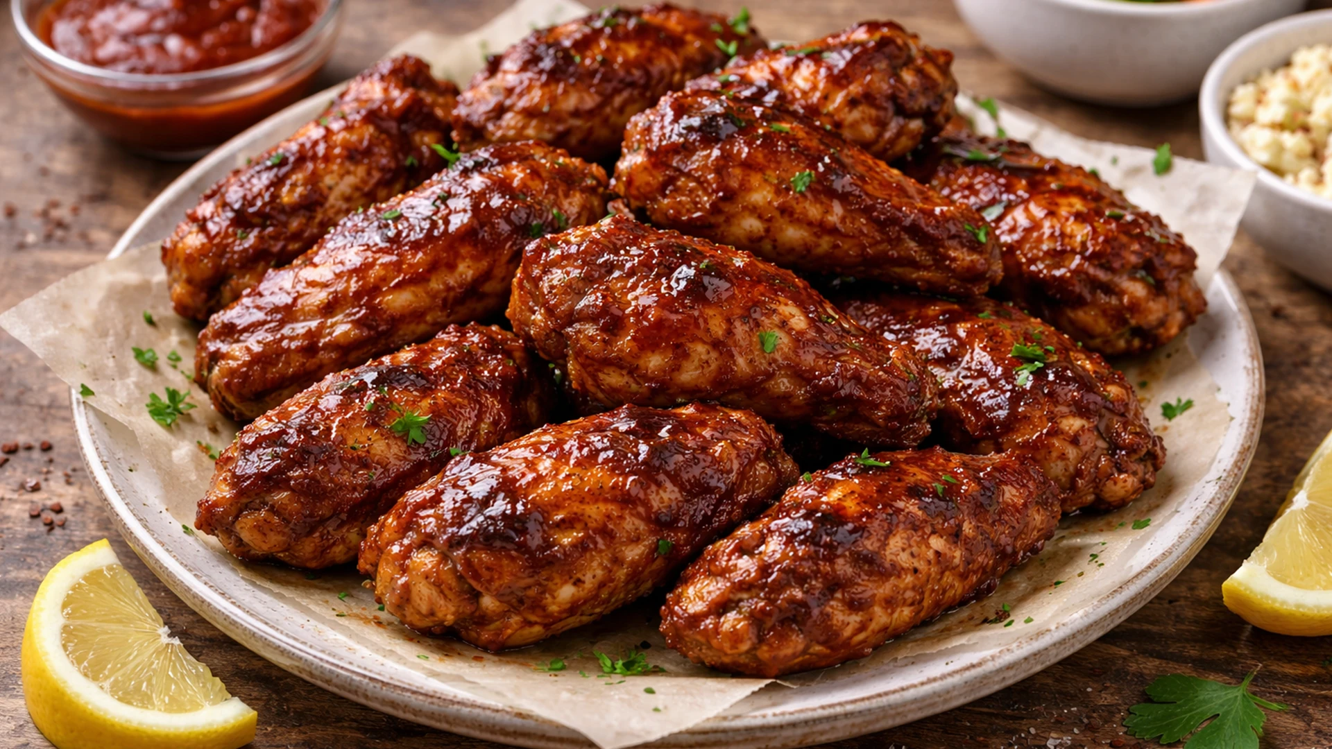 Готовые куриные крылышки барбекю на тарелке современная подача