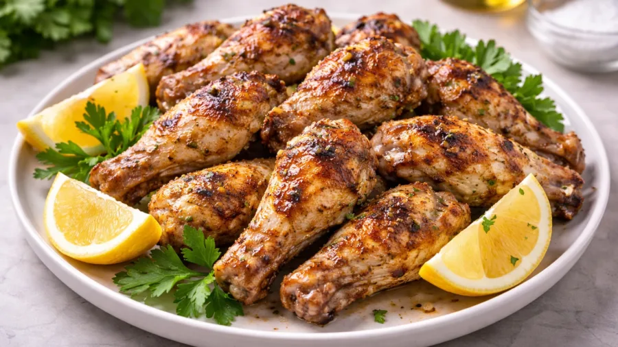 Готовые куриные крылышки с лимонными дольками и зеленью на тарелке