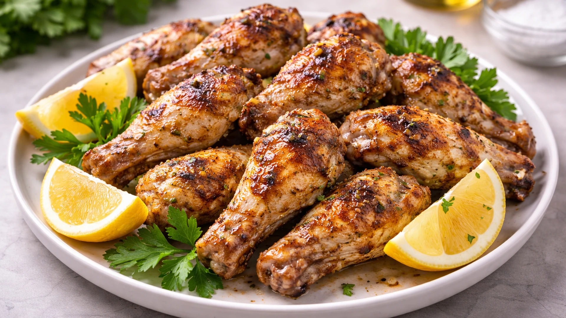 Готовые куриные крылышки с лимонными дольками и зеленью на тарелке