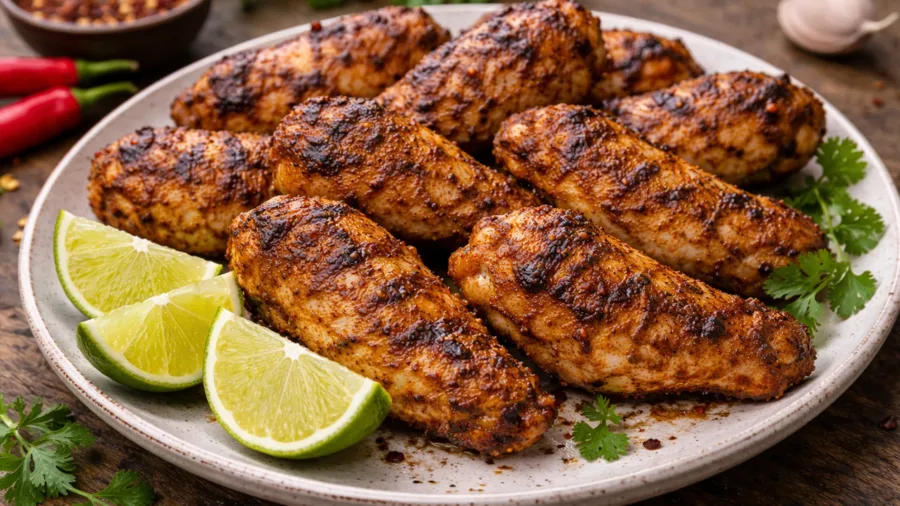 Готовые куриные крылышки на тарелке с дольками лайма