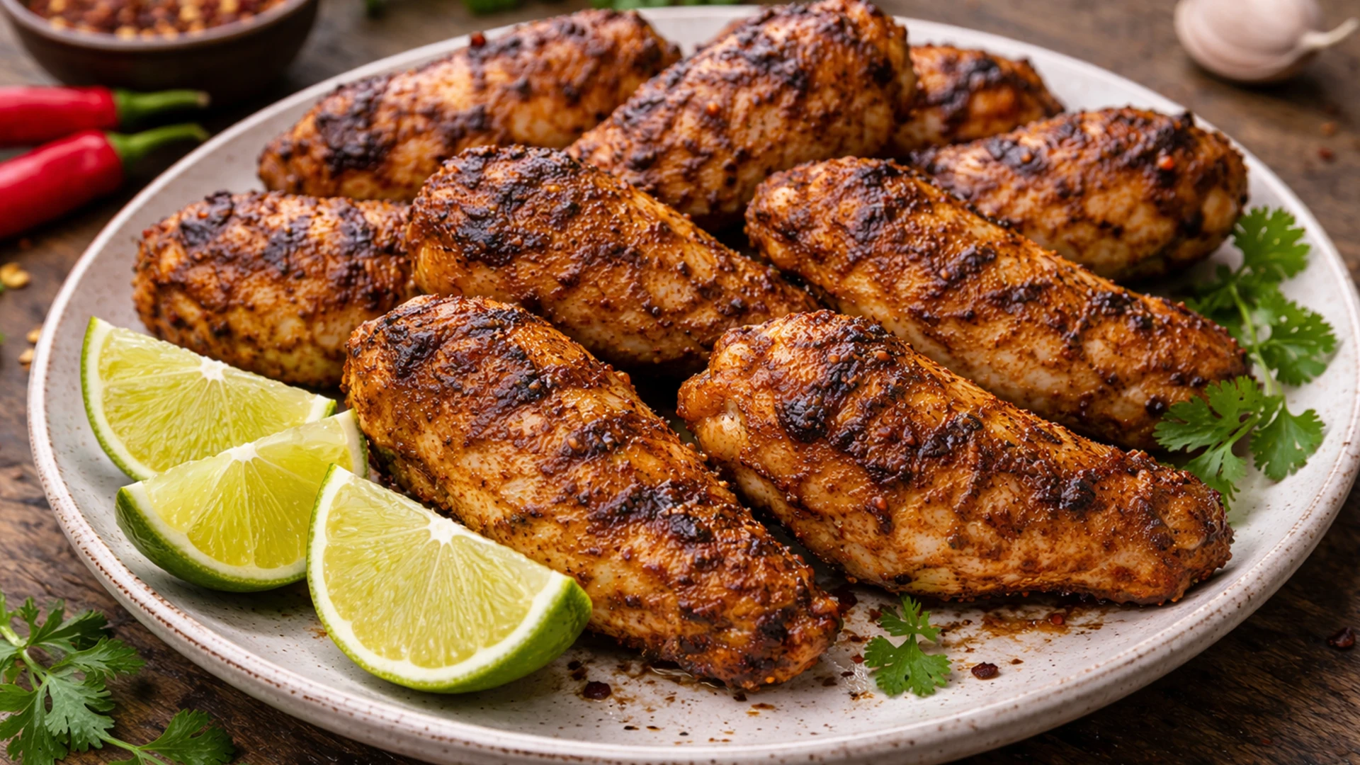 Готовые куриные крылышки на тарелке с дольками лайма