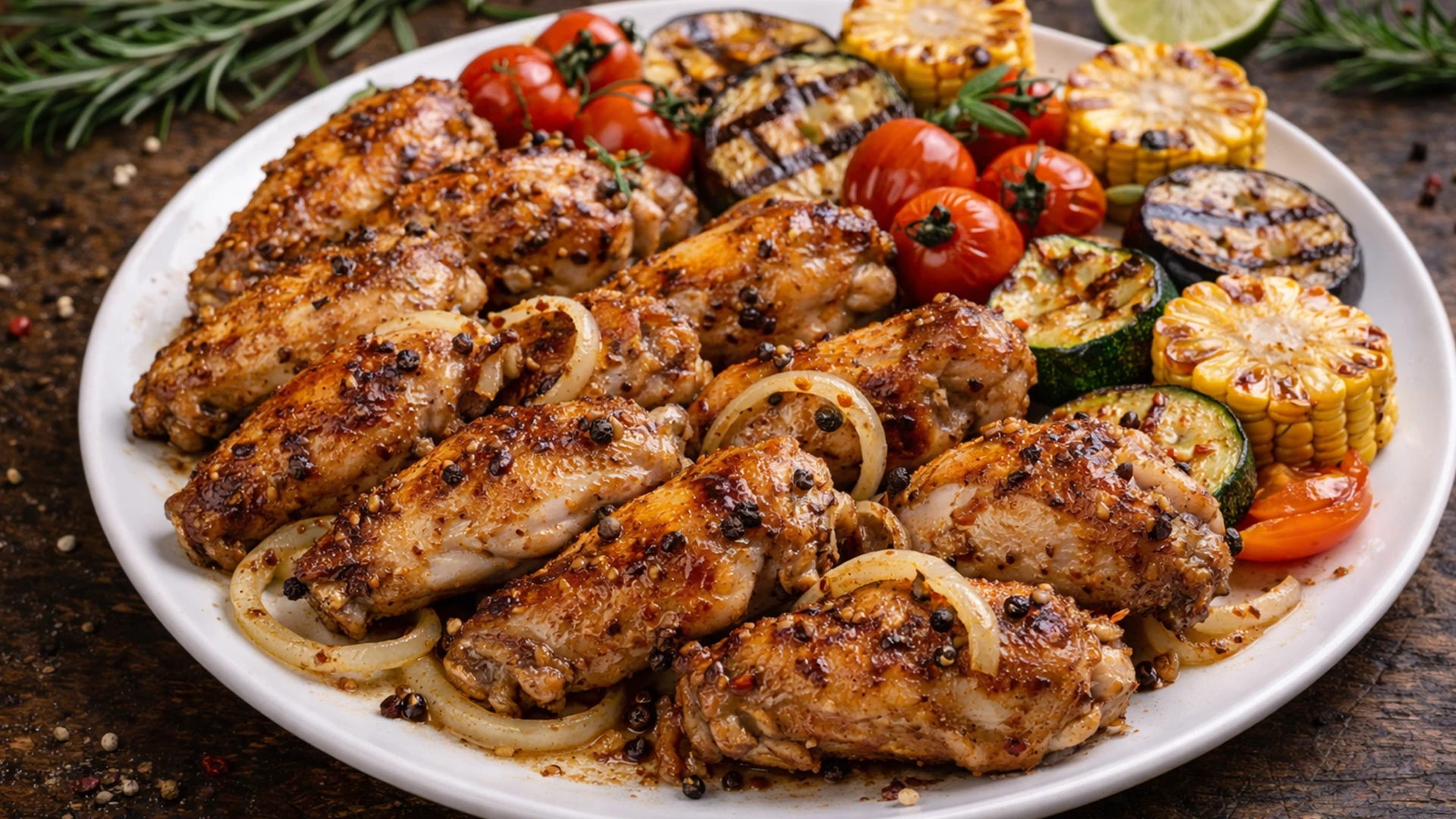 Готовые куриные крылышки на тарелке с овощами гриль на фоне зоны барбекю