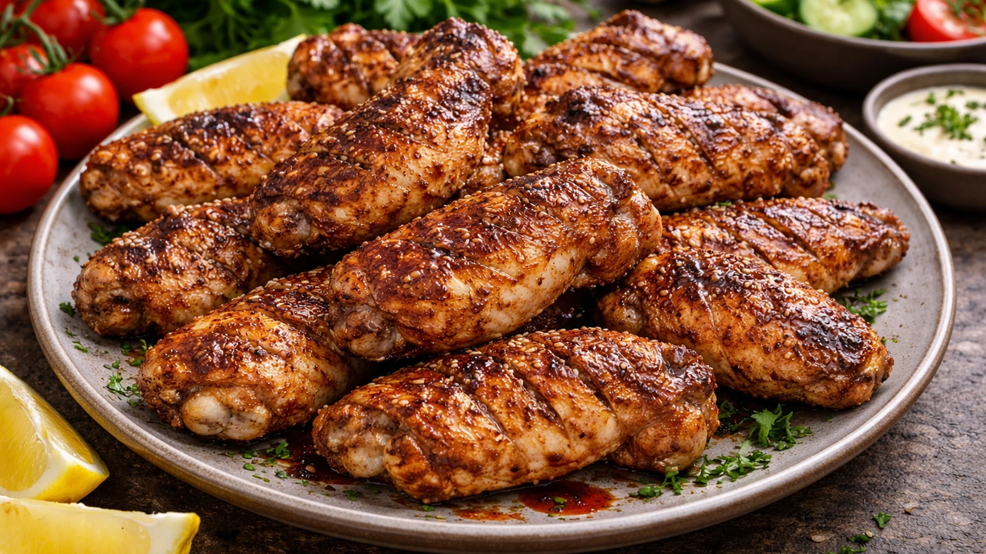 Готовые куриные крылышки на тарелке с зеленью и овощами