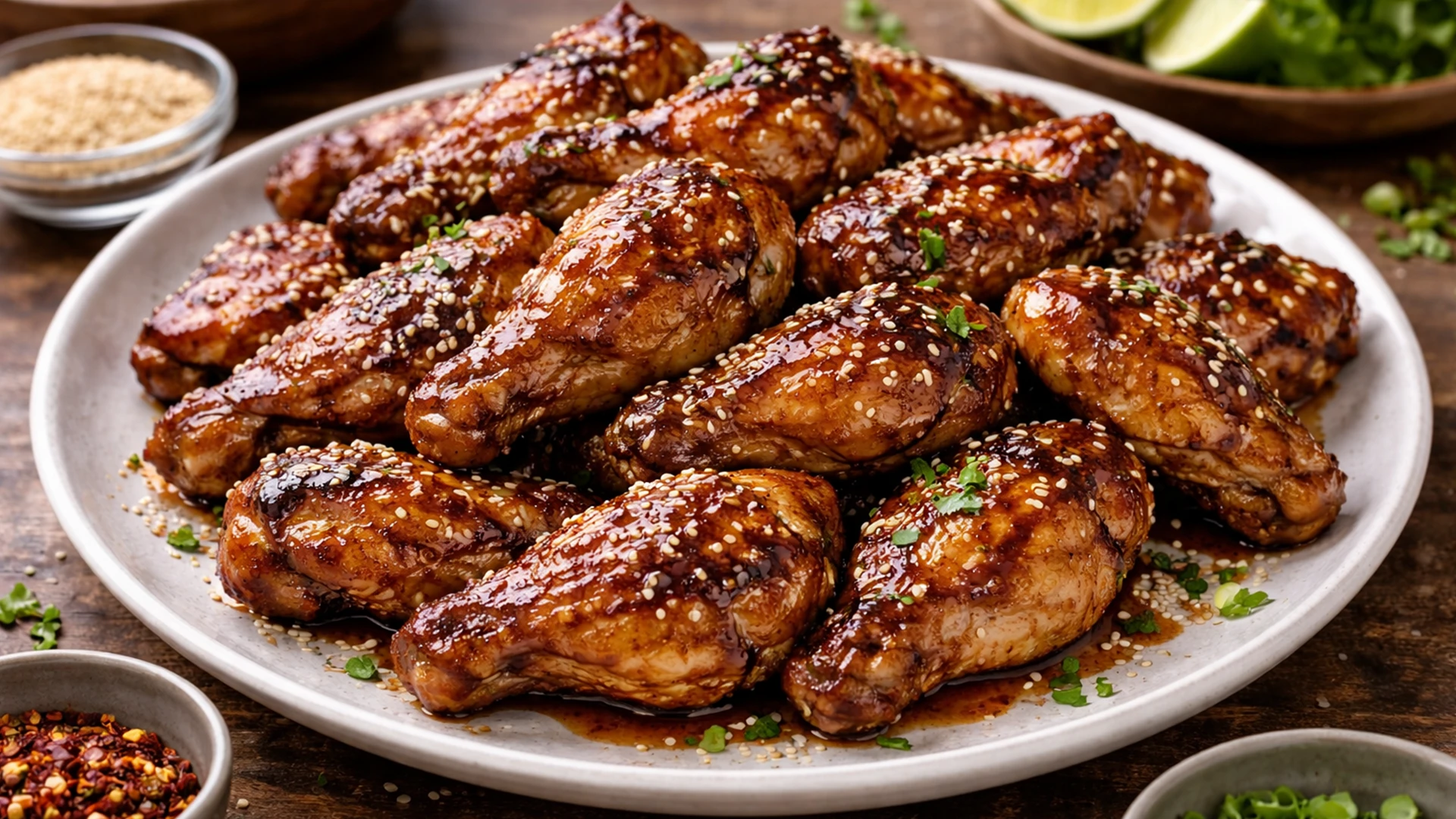 Готовые куриные крылышки терияки на тарелке посыпаны кунжутом