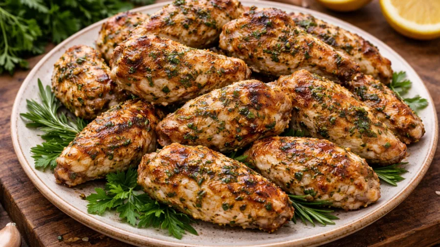 Готовые куриные крылышки на тарелке с зеленью, подача блюда