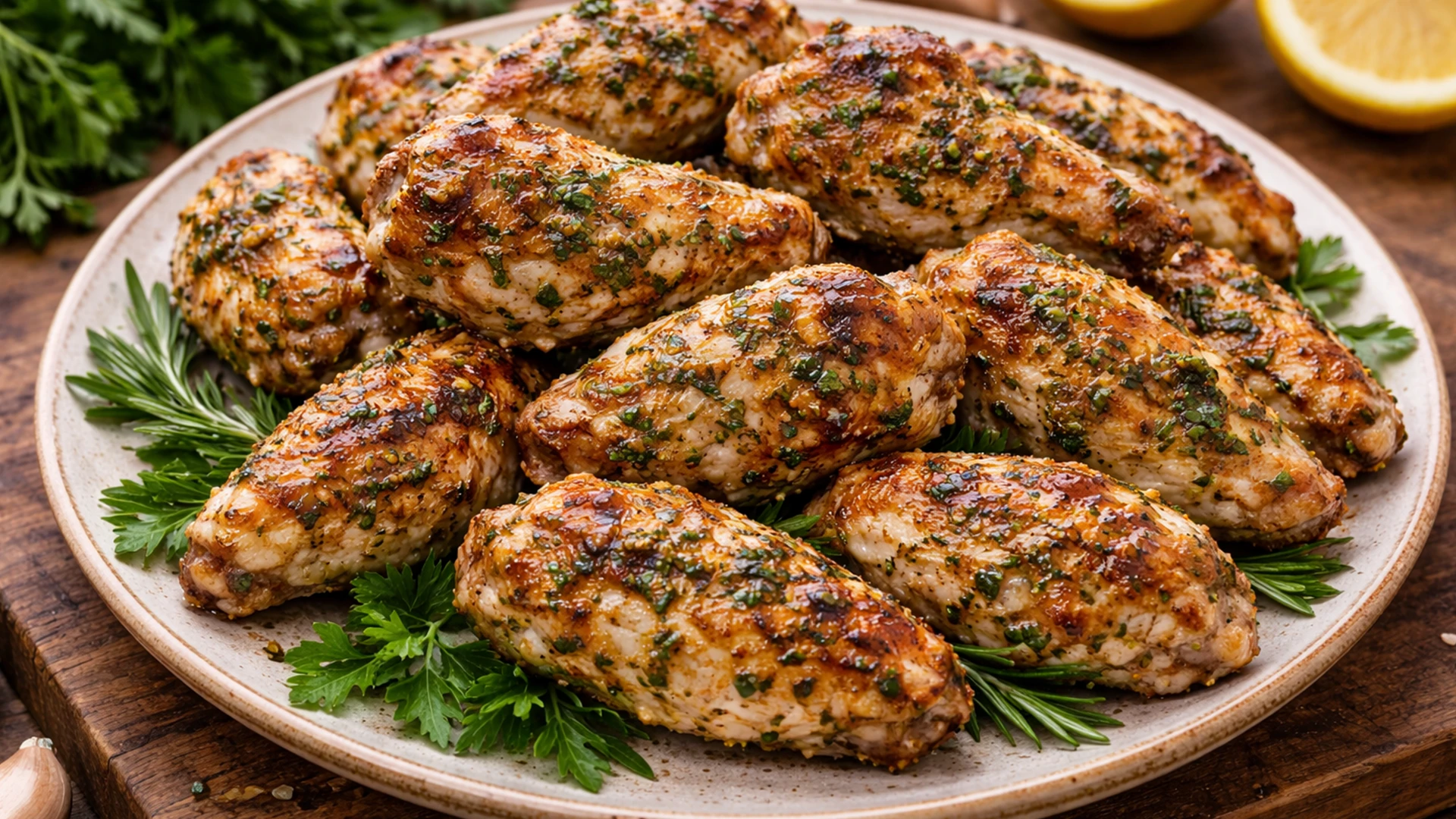 Готовые куриные крылышки на тарелке с зеленью, подача блюда