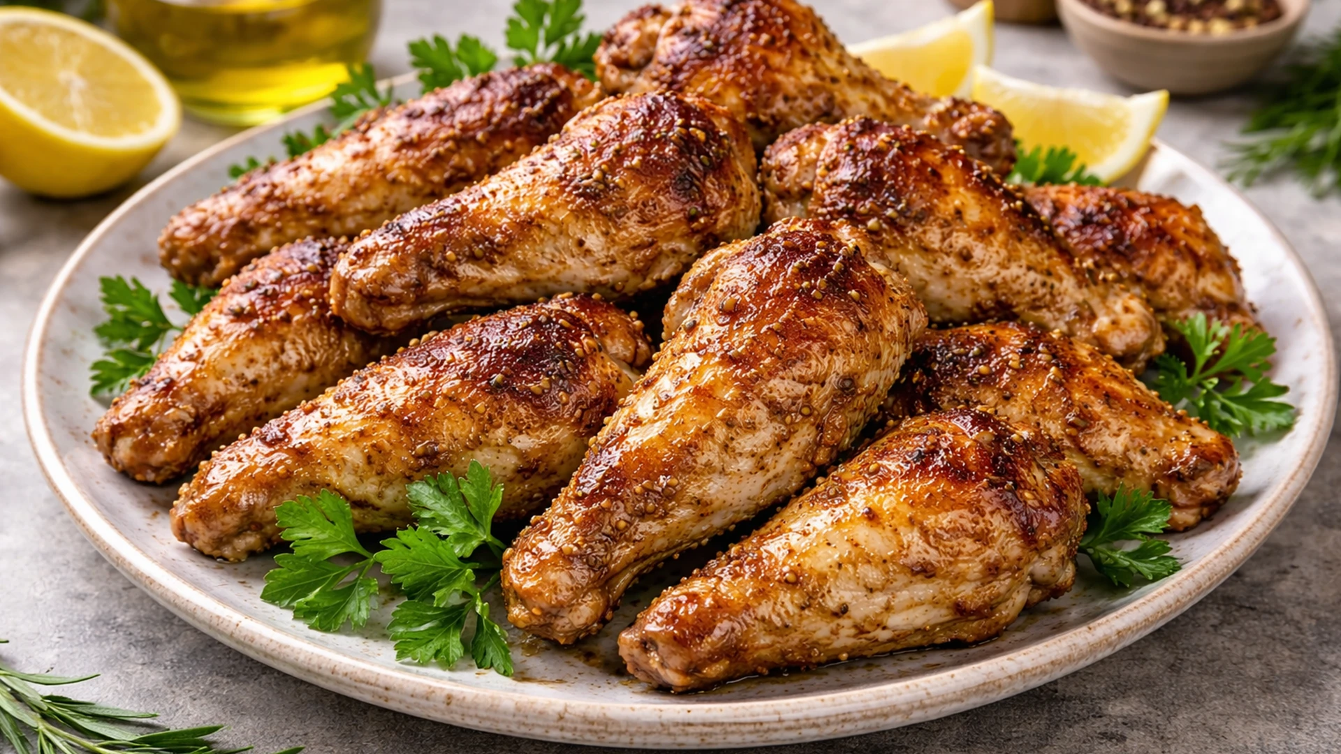 Готовые куриные крылышки на тарелке с зеленью и лимоном