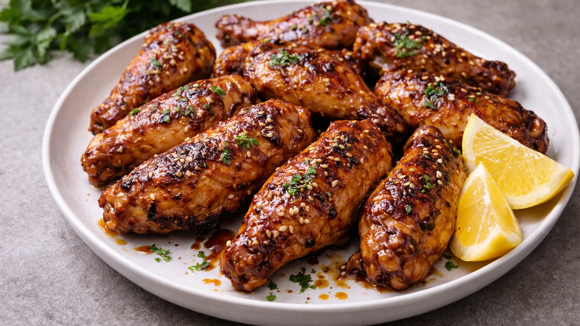 Готовые куриные крылышки в медово соевом маринаде на тарелке с лимоном и зеленью