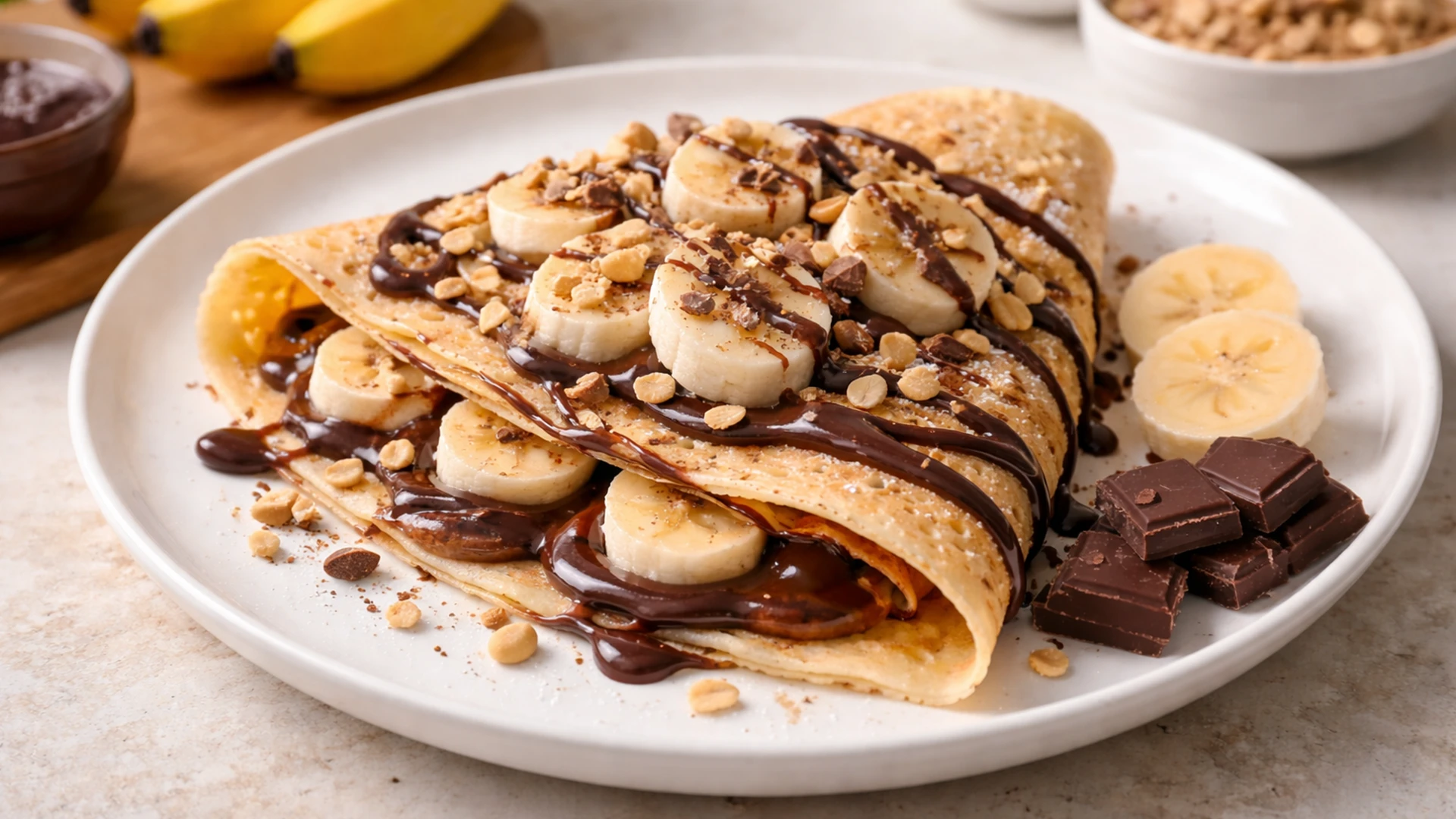 Блин с бананами и шоколадом, готовый к подаче