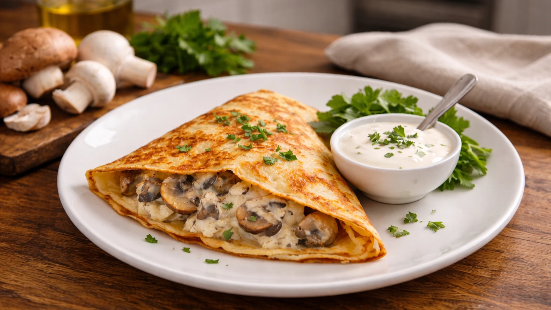 Блин с грибами в сливках, готовый к подаче