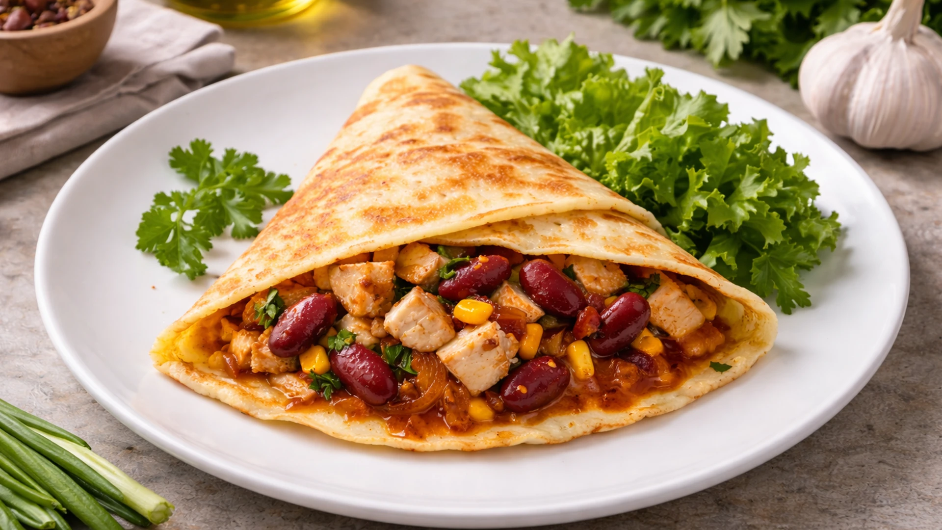 Блин с курицей и фасолью, готовый к подаче