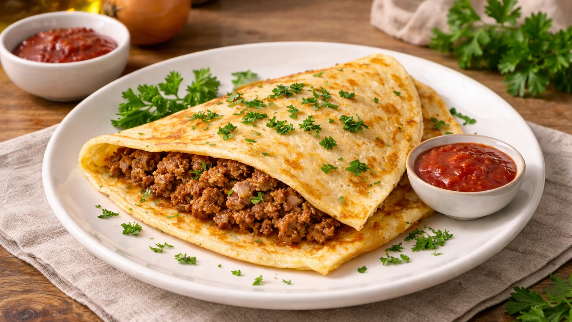 Блин с мясным фаршем, готовый к подаче