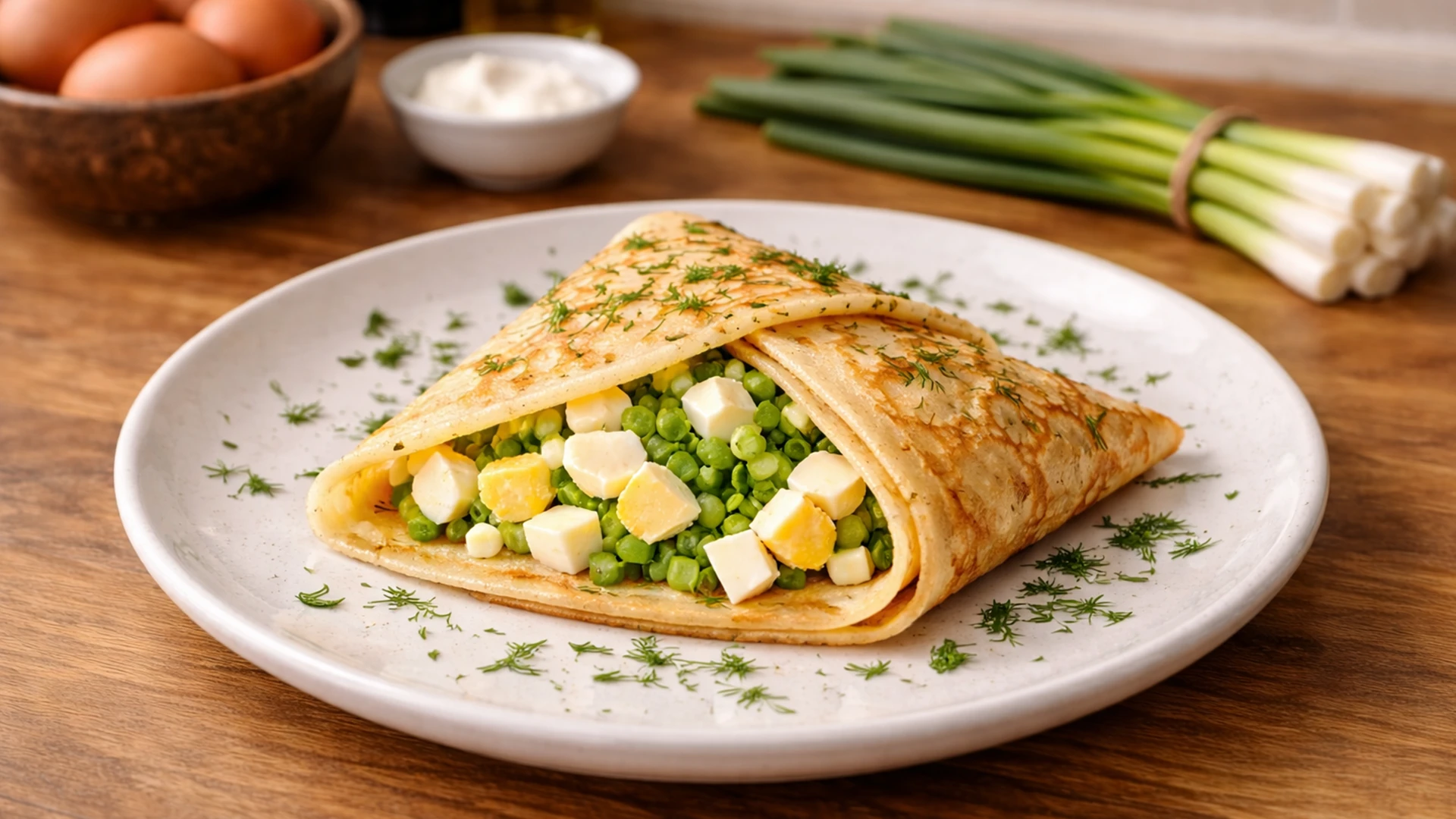 Блин с зеленым луком и яйцом, готовый к подаче