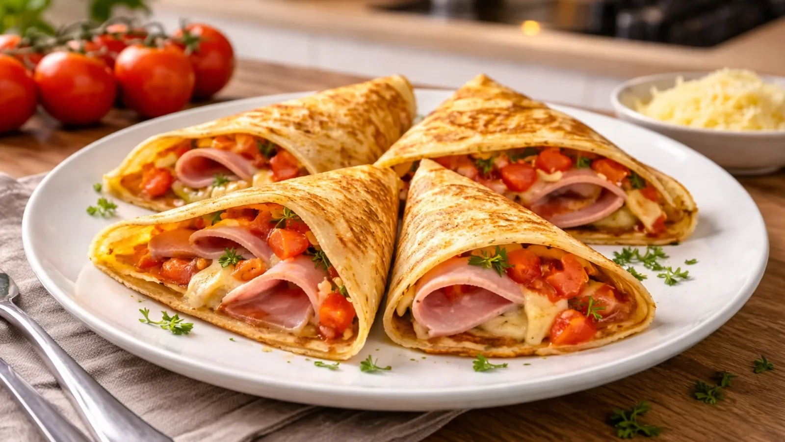 Фото блюда: Блин с ветчиной, сыром и помидорами: сытный и вкусный выбор для завтрака