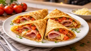 Фото рецепта: Блин с ветчиной, сыром и помидорами: сытный и вкусный выбор для завтрака