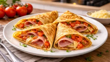 Фото блюда: Блин с ветчиной, сыром и помидорами: сытный и вкусный выбор для завтрака