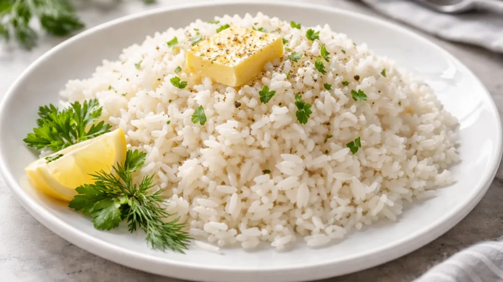 Готовый рассыпчатый рис на гарнир с маслом и зеленью