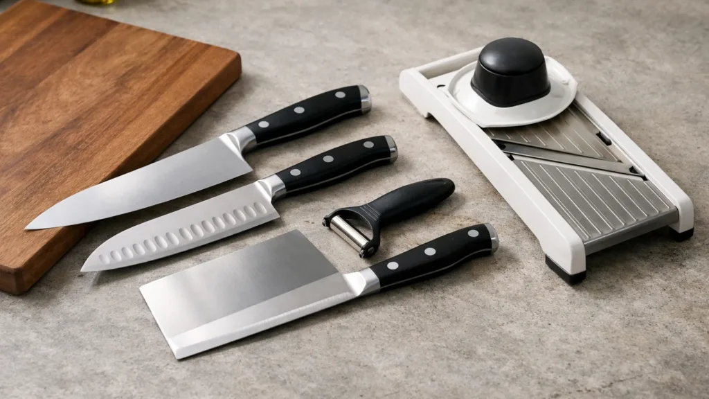 Ножи и мандолина для нарезки продуктов на кухне