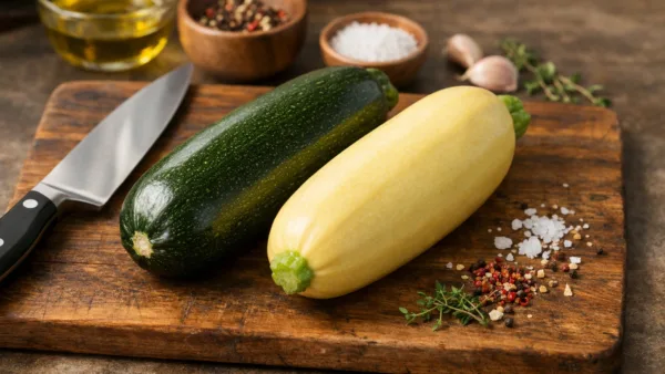 Кабачок и цукини нарезаны кружочками на деревянной доске