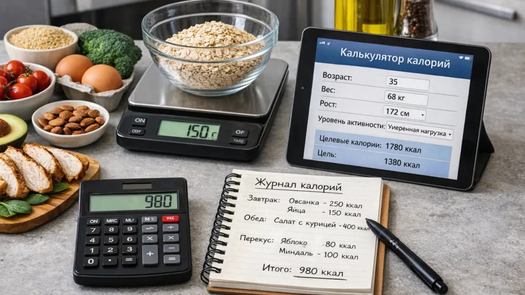 Калькулятор и весы для расчёта калорийности в домашних условиях.