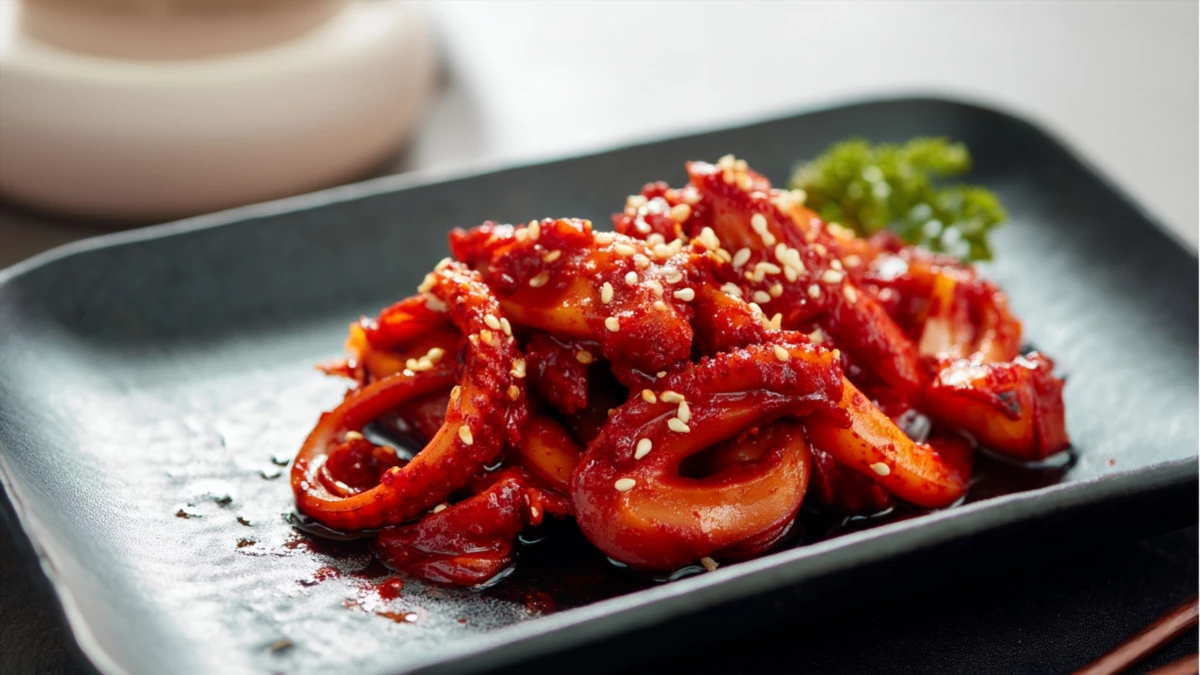 Фото блюда: Острый кальмар по-корейски в гочуджане с кунжутом