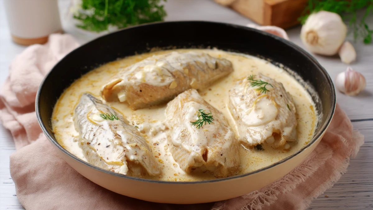 Фото блюда: Карась в сливочном соусе с чесноком и мускатным орехом как ресторанное блюдо у вас дома