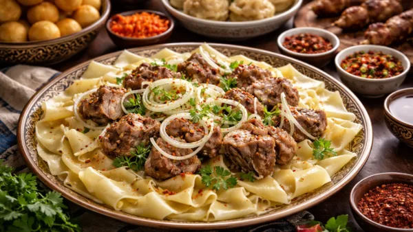Казахская кухня, бешбармак с мясом и широкими полосками лапши, лук и зелень, традиционная подача на большом блюде