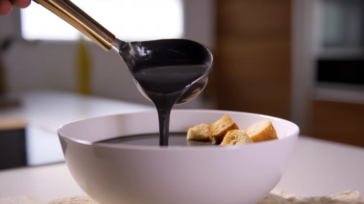 Фото блюда: Крем суп неро с чернилами каракатицы и чесночными крутонами как в ресторане