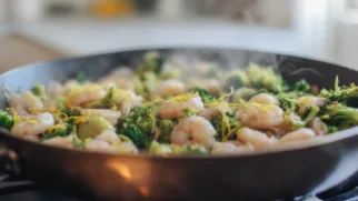 Фото рецепта: Креветки с брокколи в лимонном соусе