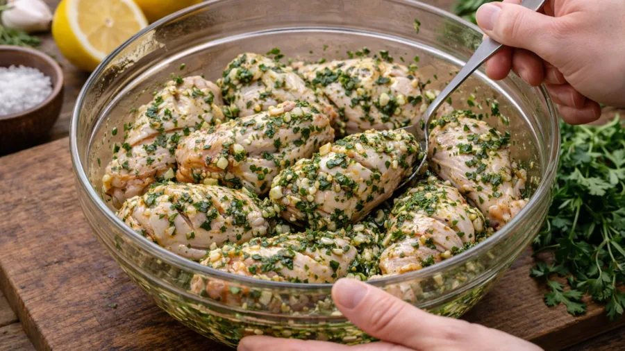 Куриные крылышки перемешивают в миске с маринадом и травами