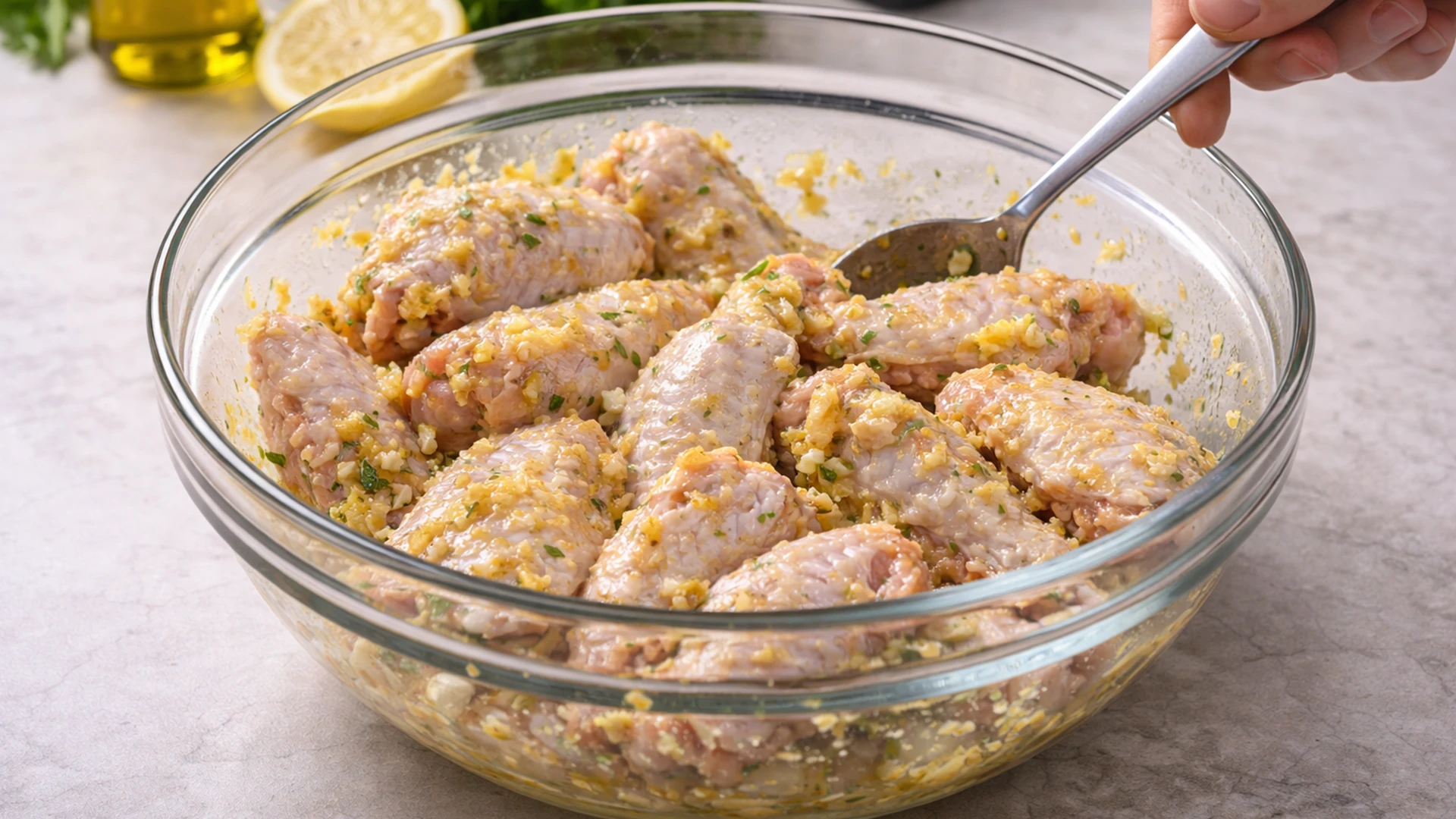 Куриные крылышки перемешивают с чесночно лимонным маринадом в глубокой миске